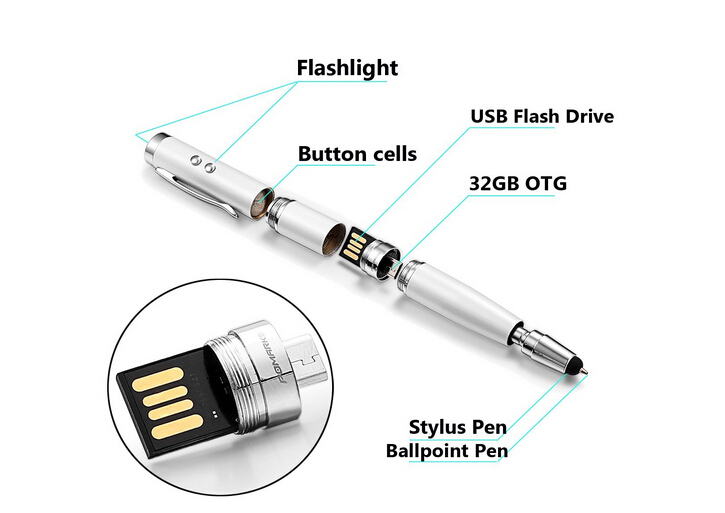  5in1 Multi-function Business Pen, 32GB USB OTG Flash Drive, Stylus Pen & Ballpoint Pen & FlashLight