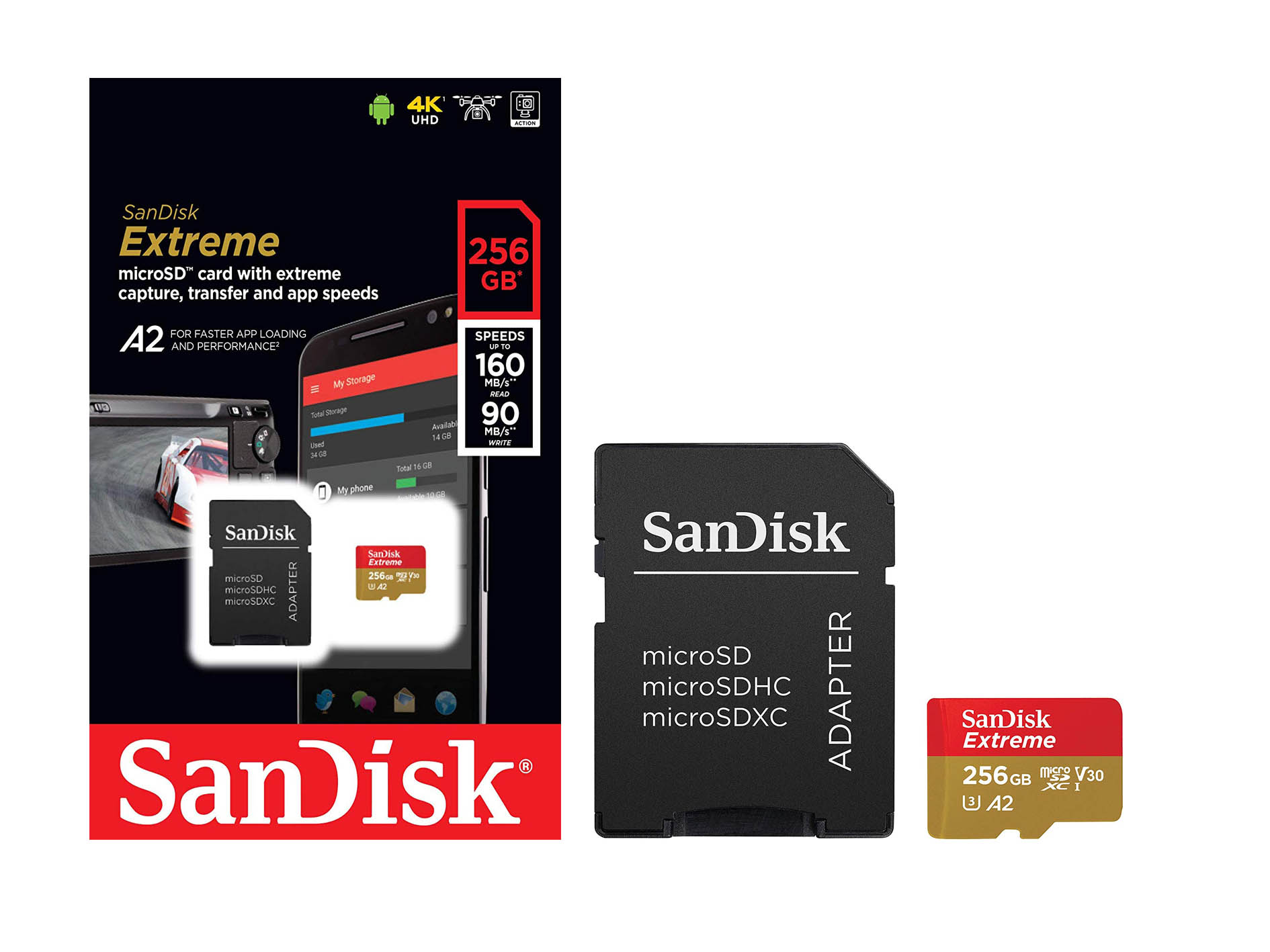 SanDisk Extreme MicroSDXC UHS-I Memory Card with Adapter - C10, U3, V30, 4K, A2 32GB 64GB 128GB 256G