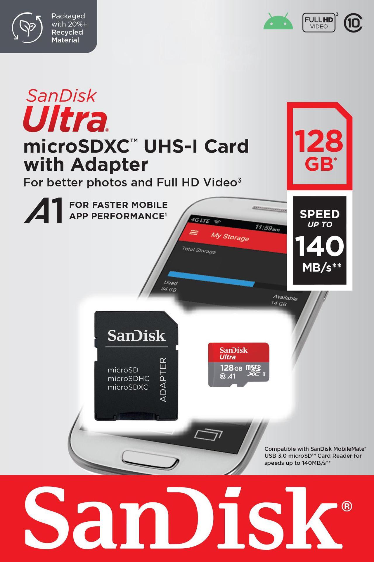 SanDisk 128GB Ultra microSDXC A1 UHS-I/U1 Class 10 Memory Card with Adapter, Speed Up to 140MB/s 